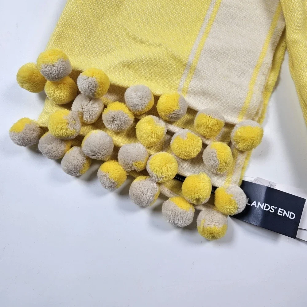 Lands End Womens Yellow wool Blend Oblong Scarf Striped Pom Pom Trim New 72
